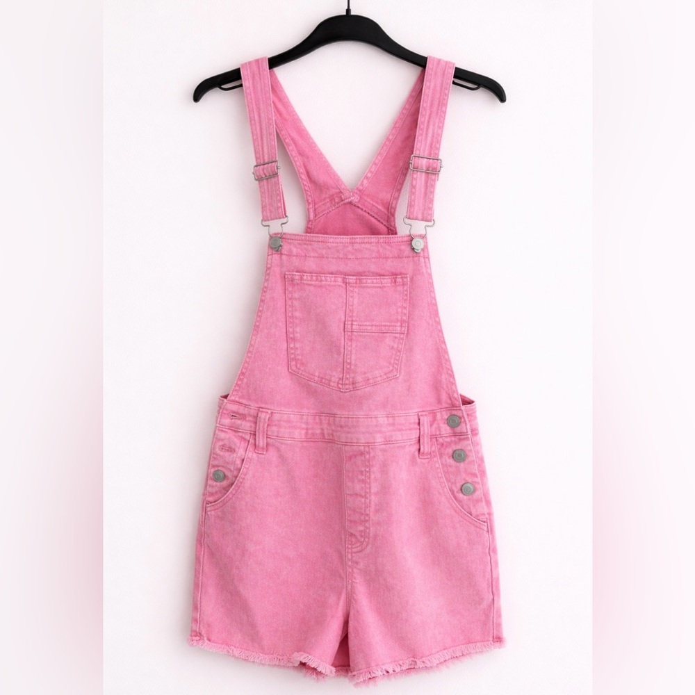 Pink Denim Short Overalls Distressed Hem Adjustable Straps